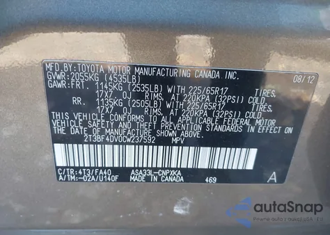 2012 Toyota Rav4 z USA, uszkodzony, nr VIN 2T3BF4DV0CW237592